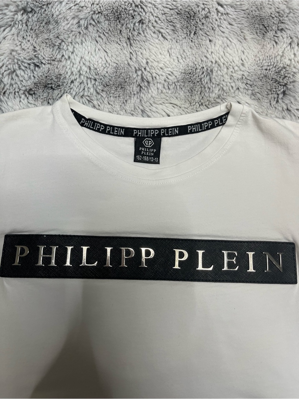 Philipp Plein White Crewneck Tee with Black Logo Plaque